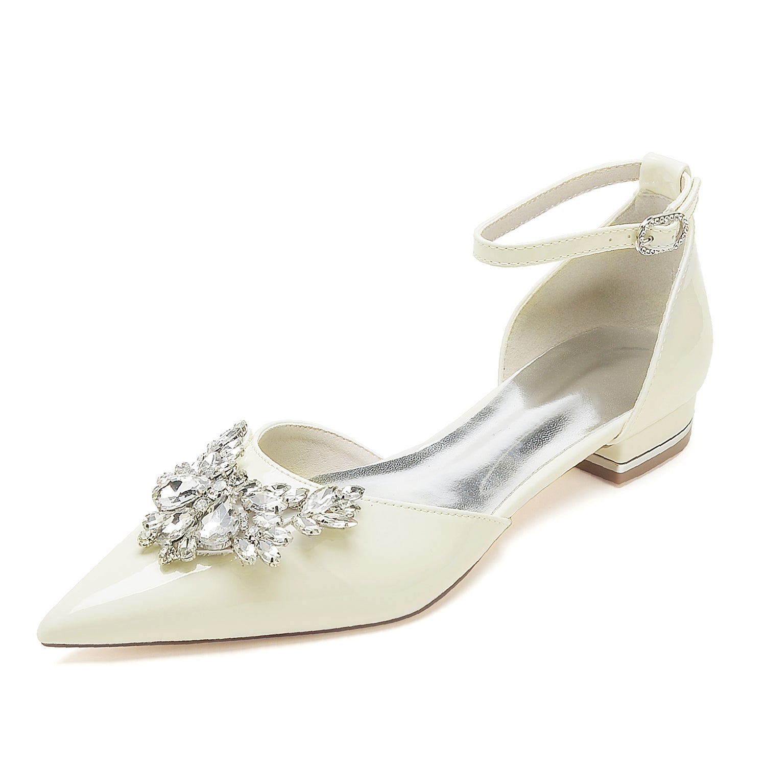 Women's Patent Leather Mirror Finish With Ankle Strap Rhinestone Closed Toe Flat Heel Wedding Shoes