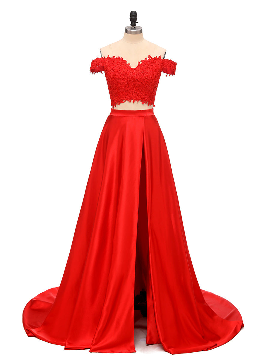 A-Line/Princess Off-the-Shoulder Satin Split Side With Applique Floor-Length Two Pieces Bridesmaid Dresses