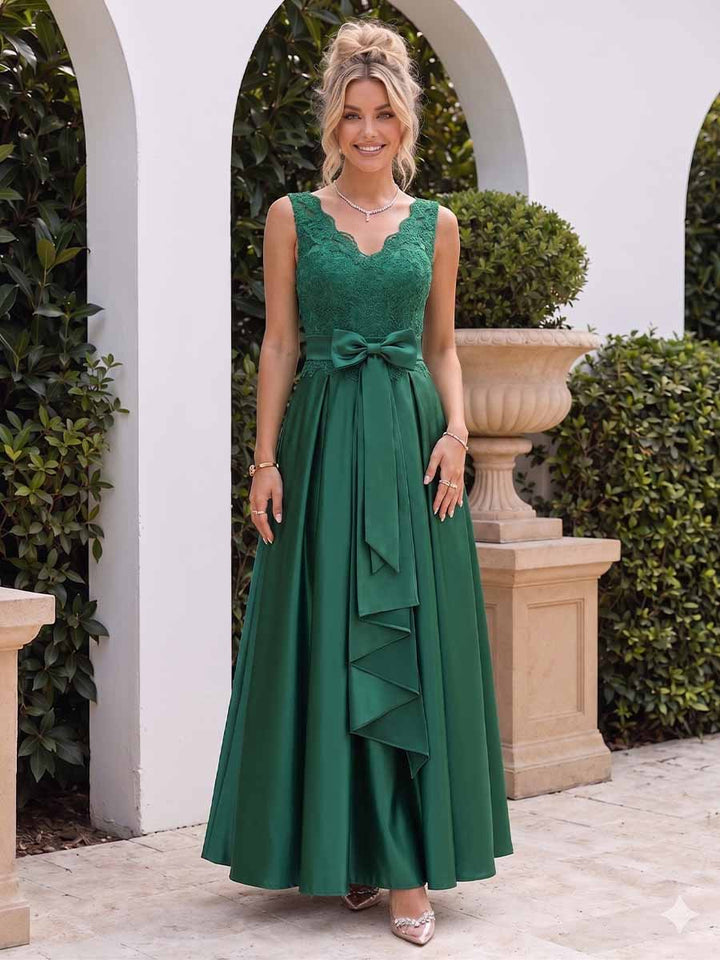 A-Line/Princess V-Neck Satin Applique With Bowknot Floor-Length Bridesmaid Dresses