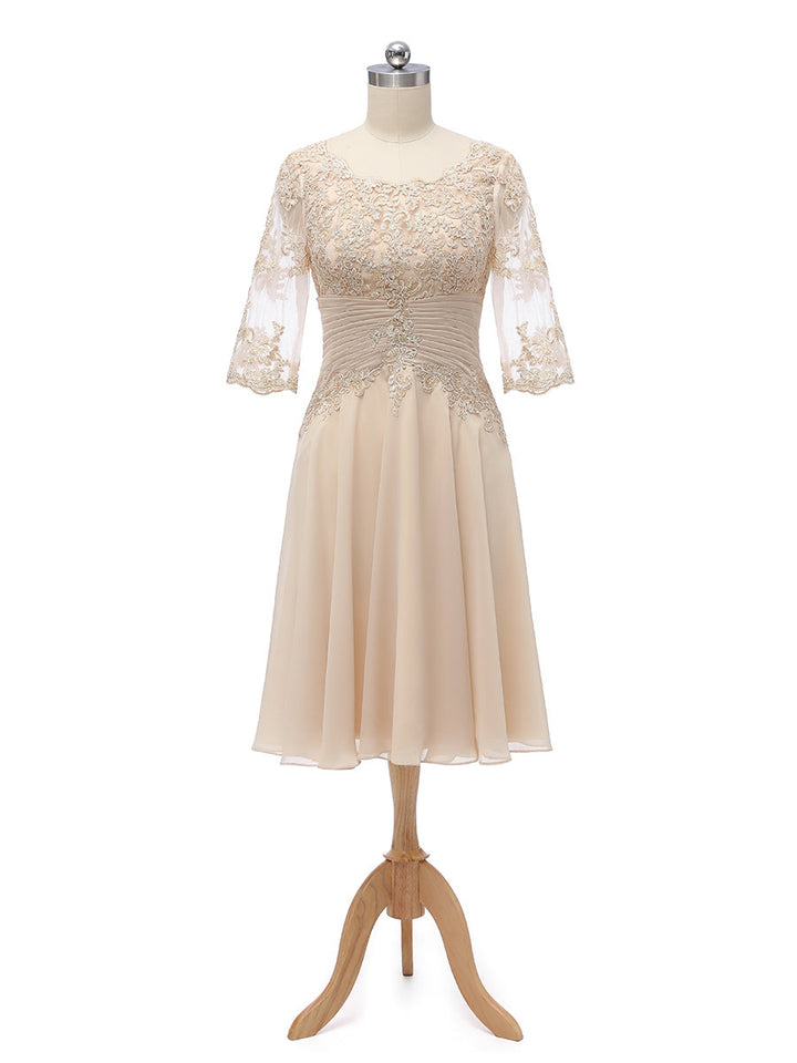 A-Line/Princess Scoop Half Sleeves Chiffon With Pleats Applique Knee-Length Bridesmaid Dresses