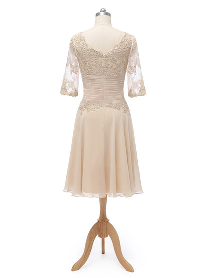 A-Line/Princess Scoop Half Sleeves Chiffon With Pleats Applique Knee-Length Bridesmaid Dresses