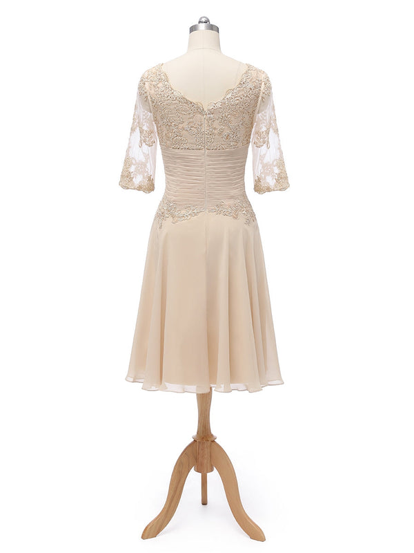 A-Line/Princess Scoop Half Sleeves Chiffon With Pleats Applique Knee-Length Bridesmaid Dresses