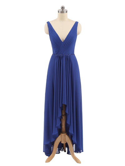 A-Line/Princess V-Neck Sleeveless Chiffon With Pleats Rhinestone Asymmetrical Bridesmaid Dresses