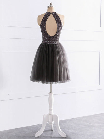 A-Line/Princess Halter Sleeveless Satin Tulle With Beading Short/Mini Bridesmaid Dresses