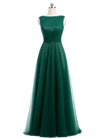 A-Line/Princess Scoop Sleeveless Tulle With Pleats Floor-Length Bridesmaid Dresses