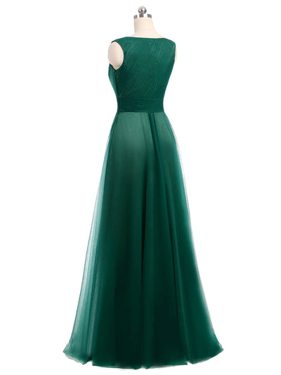 A-Line/Princess Scoop Sleeveless Tulle With Pleats Floor-Length Bridesmaid Dresses