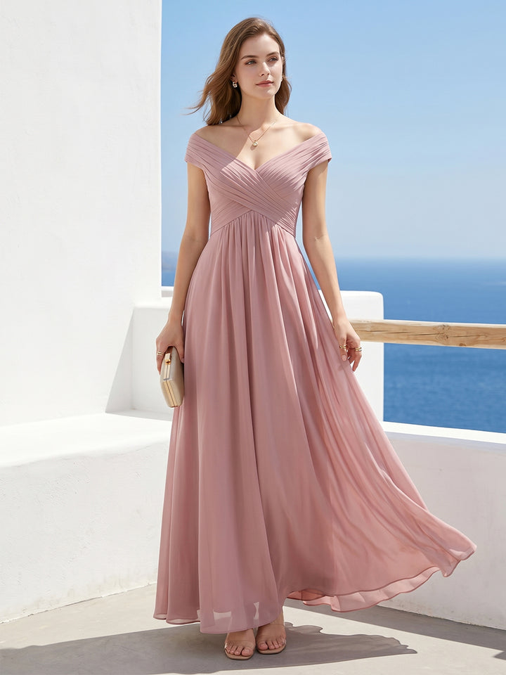 A-Line/Princess Capped V-Neck Sleeveless Chiffon With Pleats Floor-Length Bridesmaid Dresses