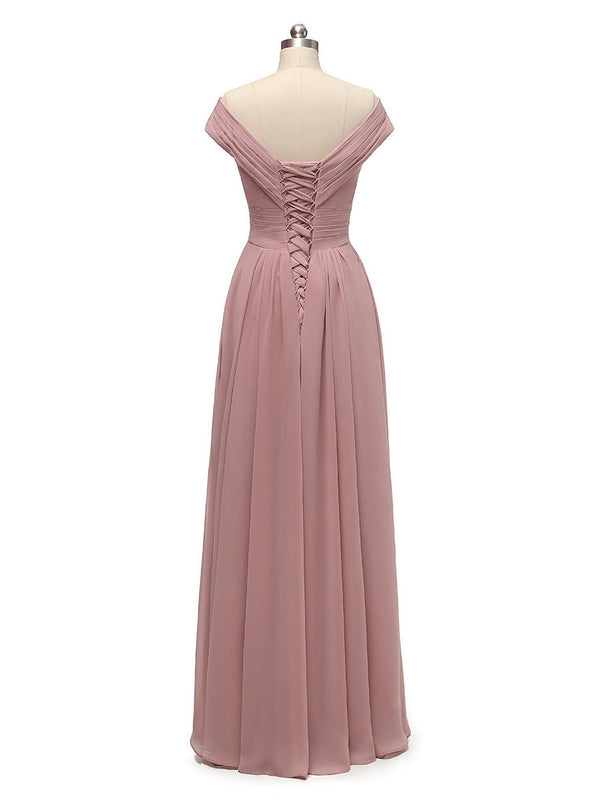A-Line/Princess Capped V-Neck Sleeveless Chiffon With Pleats Floor-Length Bridesmaid Dresses