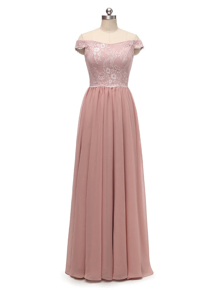 A-Line/Princess Off-the-Shoulder Sleeveless Chiffon With Lace Floor-Length Bridesmaid Dresses