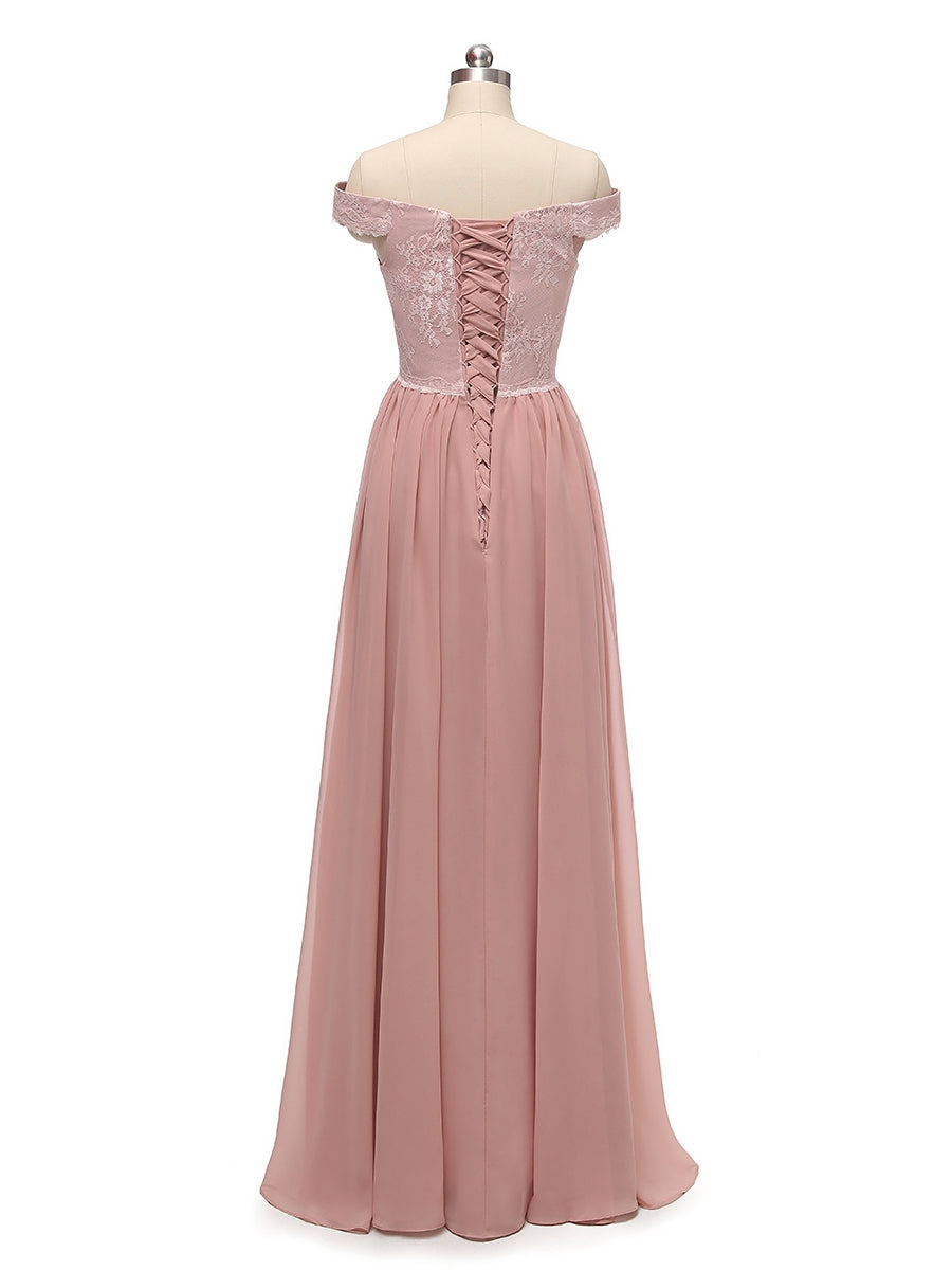 A-Line/Princess Off-the-Shoulder Sleeveless Chiffon With Lace Floor-Length Bridesmaid Dresses