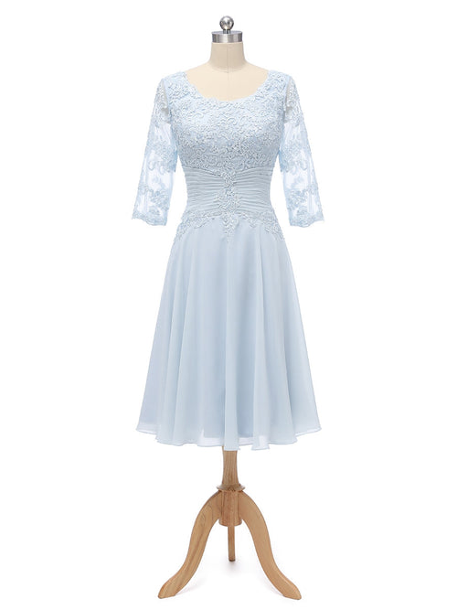 A-Line/Princess Scoop Half Sleeves Chiffon With Pleats Applique Knee-Length Bridesmaid Dresses
