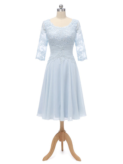 A-Line/Princess Scoop Half Sleeves Chiffon With Pleats Applique Knee-Length Bridesmaid Dresses