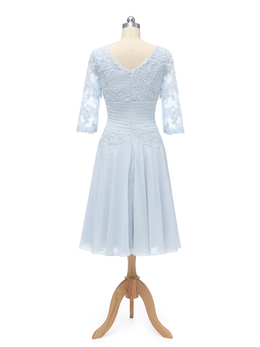 A-Line/Princess Scoop Half Sleeves Chiffon With Pleats Applique Knee-Length Bridesmaid Dresses