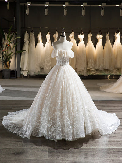 Sleeveless Tulle Strapless Court Train With Ruffle Star Ball Gown Wedding Dresses