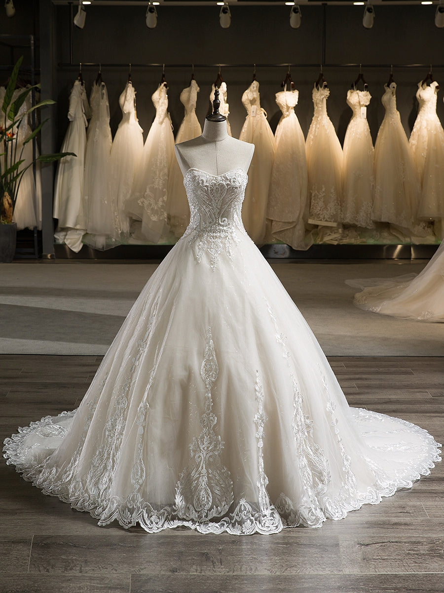Strapless Sleeveless Tulle Applique With Beading Court Train Ball Gown Wedding Dresses