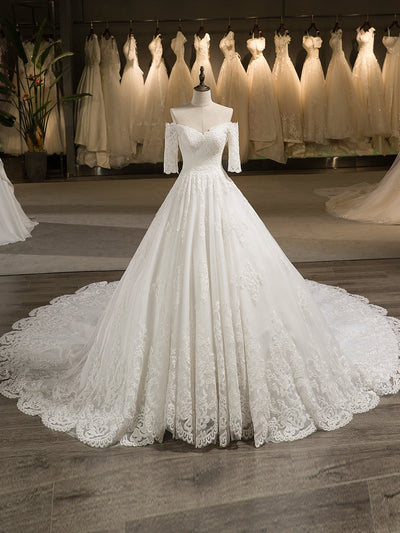 Off-the-Shoulder Half Sleeve Tulle Applique With Lace Court Train Ball Gown Wedding Dresses