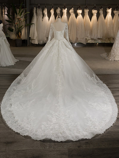 Scoop Long Sleeves Tulle Applique With Beading Chapel Train Ball Gown Wedding Dresses