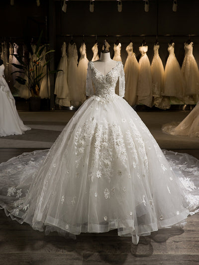 Luxury V-Neck Half Sleeves Tulle Applique With Beading Cathedral Train Ball Gown Wedding Dresses