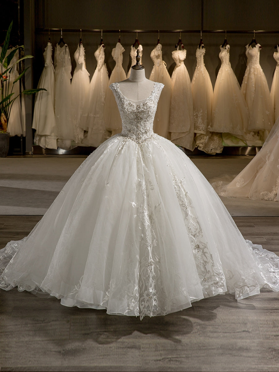 Scoop Sleeveless Tulle Embroidery With Beading Court Train Ball Gown Wedding Dresses