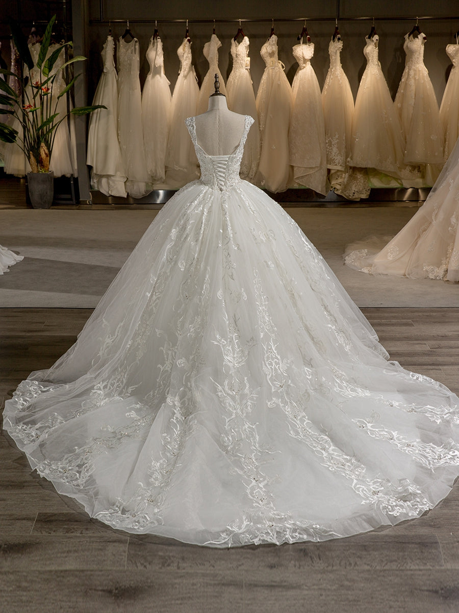 Scoop Sleeveless Tulle Embroidery With Beading Court Train Ball Gown Wedding Dresses