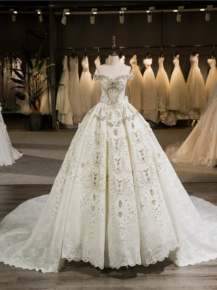 Gorgeous Off-the-Shoulder Chapel Train Ball Gown Wedding Dresses with Bowknot &amp; Beading Appliques