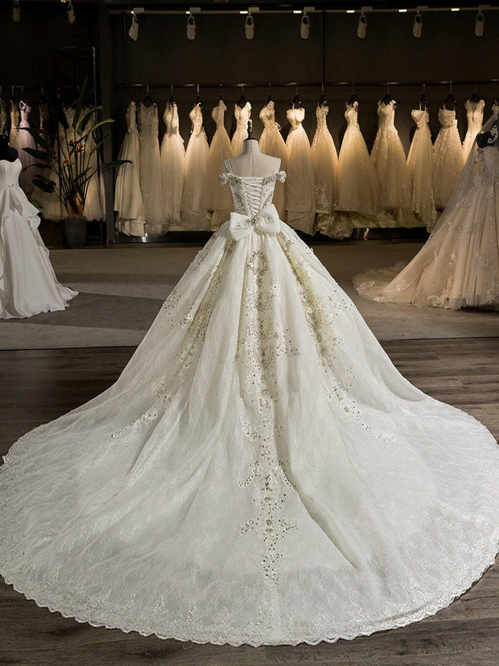 Gorgeous Off-the-Shoulder Chapel Train Ball Gown Wedding Dresses with Bowknot &amp; Beading Appliques