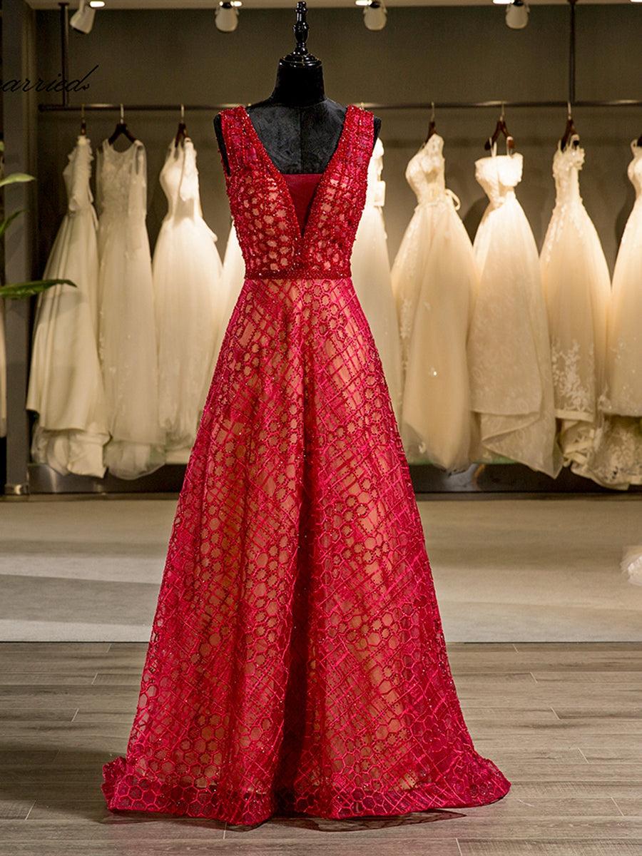 A-Line/Princess V-Neck Sleeveless Rhinestone Backless Red Floor-Length Wedding Dresses