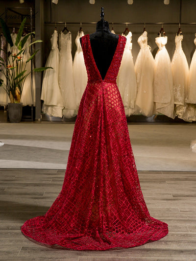 A-Line/Princess V-Neck Sleeveless Rhinestone Backless Red Floor-Length Wedding Dresses