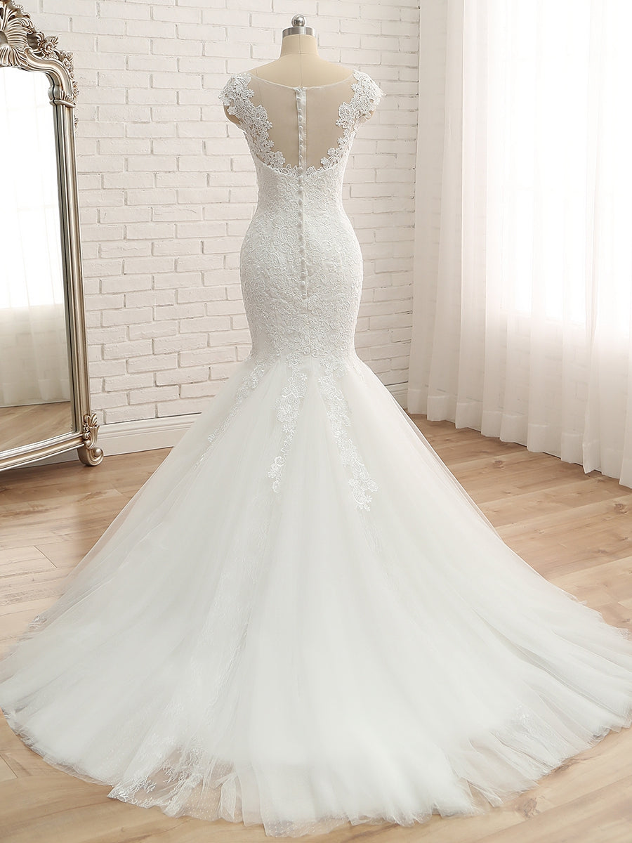 Trumpet/Mermaid V-Neck Sleeveless Applique Tulle Floor-Length Wedding Dresses