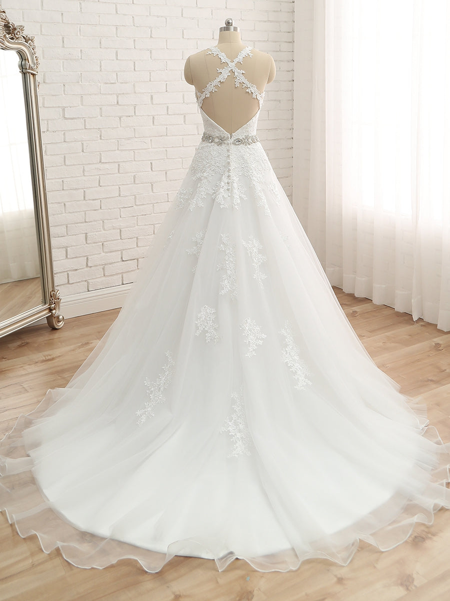 A-Line/Princess Spaghetti Straps Sleeveless Applique With Belt Tulle Floor-Length Wedding Dresses