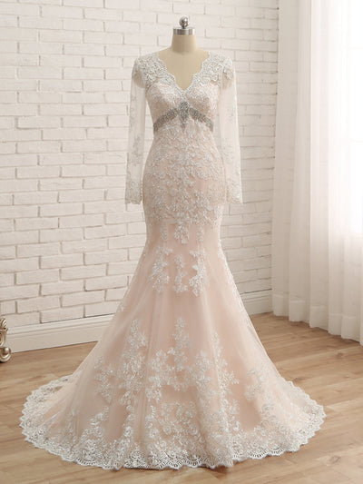 Trumpet/Mermaid V-Neck Long Sleeves Applique With Rhinestone Tulle Floor-Length Wedding Dresses