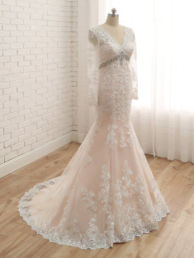 Trumpet/Mermaid V-Neck Long Sleeves Applique With Rhinestone Tulle Floor-Length Wedding Dresses