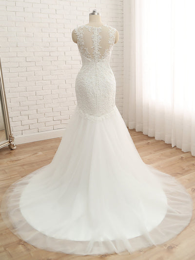 Trumpet/Mermaid V-Neck Sleeveless Applique With Sequin Tulle Court Train Wedding Dresses