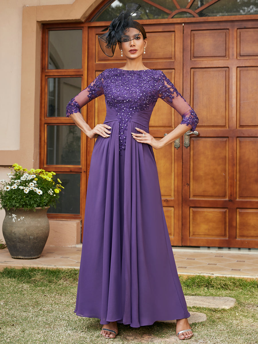 A-Line/Princess Long Evening Dresses with Lace Appliques &amp; Half Sleeves