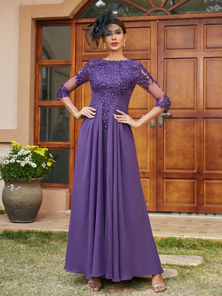 A-Line/Princess Long Evening Dresses with Lace Appliques &amp; Half Sleeves