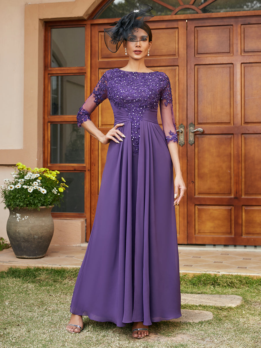 A-Line/Princess Long Evening Dresses with Lace Appliques &amp; Half Sleeves
