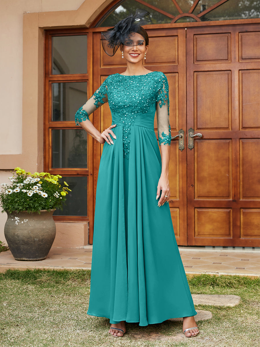 A-Line/Princess Long Evening Dresses with Lace Appliques &amp; Half Sleeves