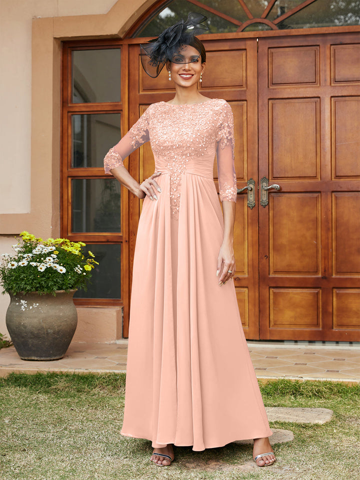 A-Line/Princess Long Evening Dresses with Lace Appliques &amp; Half Sleeves