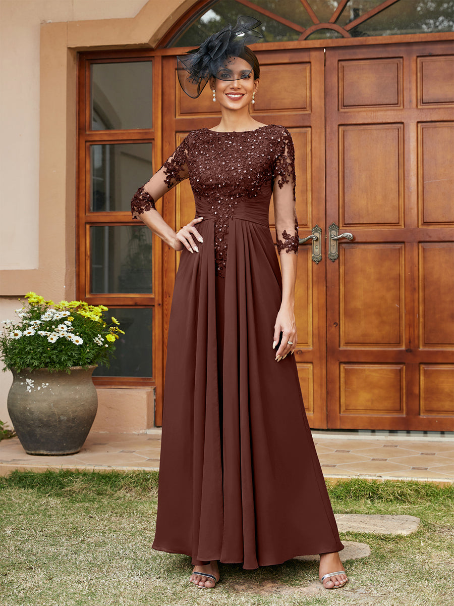 A-Line/Princess Long Evening Dresses with Lace Appliques &amp; Half Sleeves