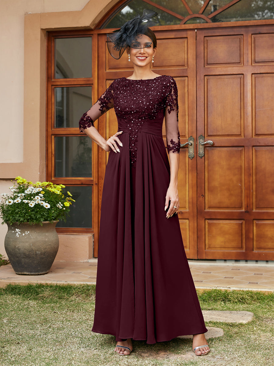 A-Line/Princess Long Evening Dresses with Lace Appliques &amp; Half Sleeves