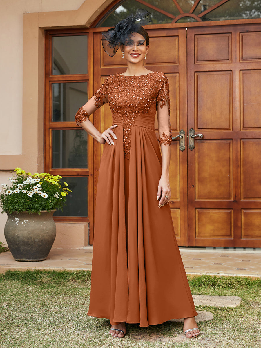 A-Line/Princess Long Evening Dresses with Lace Appliques &amp; Half Sleeves