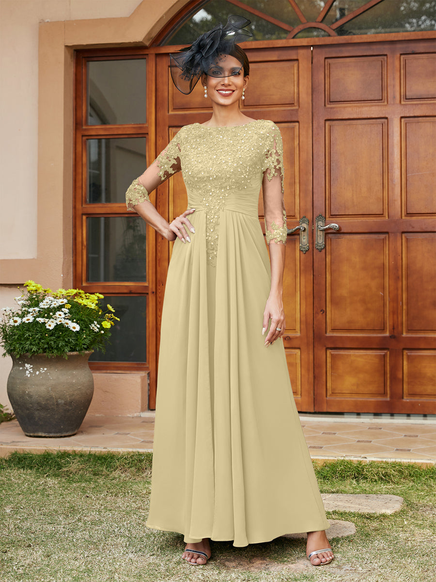 A-Line/Princess Long Evening Dresses with Lace Appliques &amp; Half Sleeves