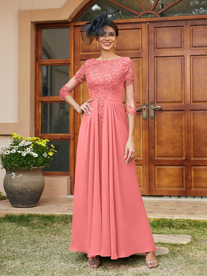 A-Line/Princess Long Evening Dresses with Lace Appliques &amp; Half Sleeves