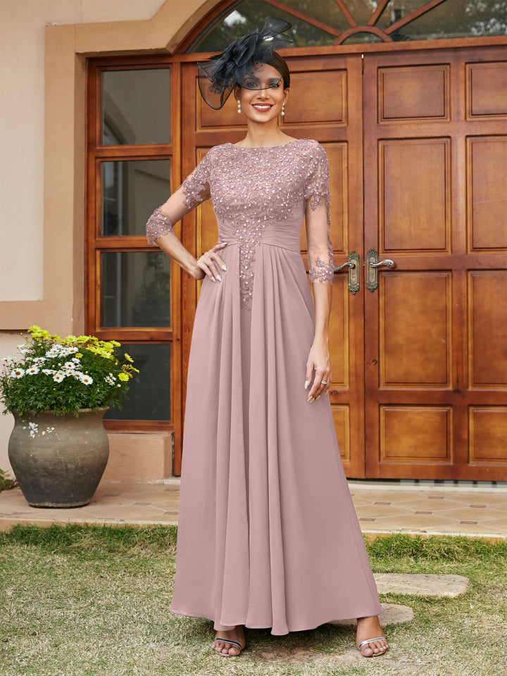 A-Line/Princess Long Evening Dresses with Lace Appliques &amp; Half Sleeves