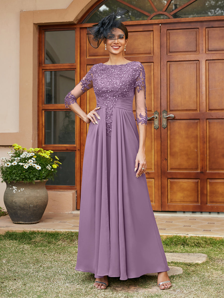 A-Line/Princess Long Evening Dresses with Lace Appliques &amp; Half Sleeves