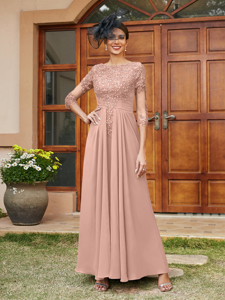 A-Line/Princess Long Evening Dresses with Lace Appliques &amp; Half Sleeves