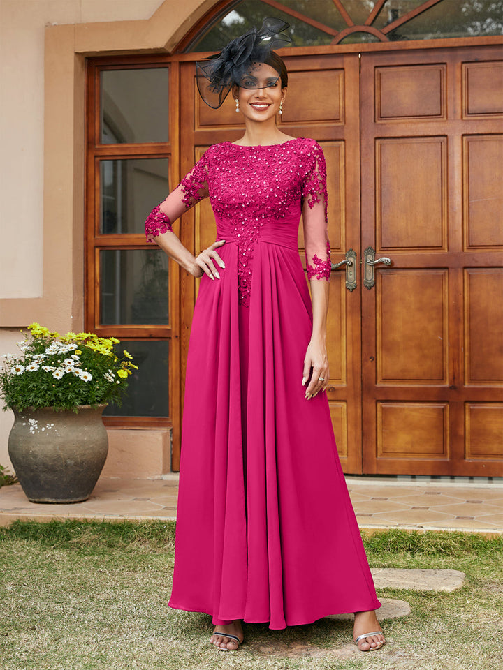 A-Line/Princess Long Evening Dresses with Lace Appliques &amp; Half Sleeves
