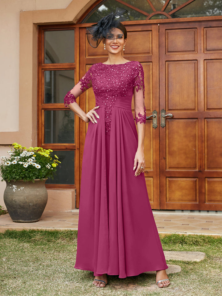 A-Line/Princess Long Evening Dresses with Lace Appliques &amp; Half Sleeves