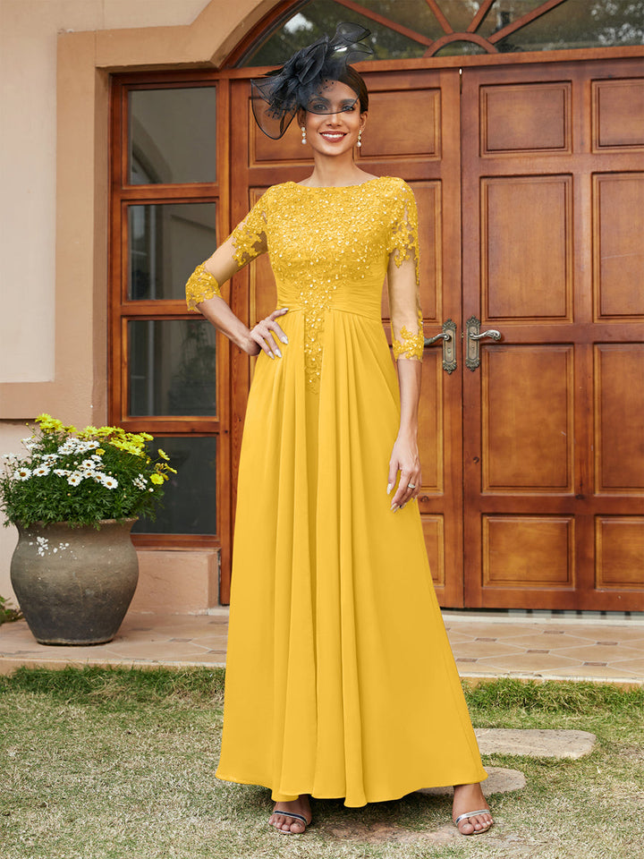 A-Line/Princess Long Evening Dresses with Lace Appliques &amp; Half Sleeves