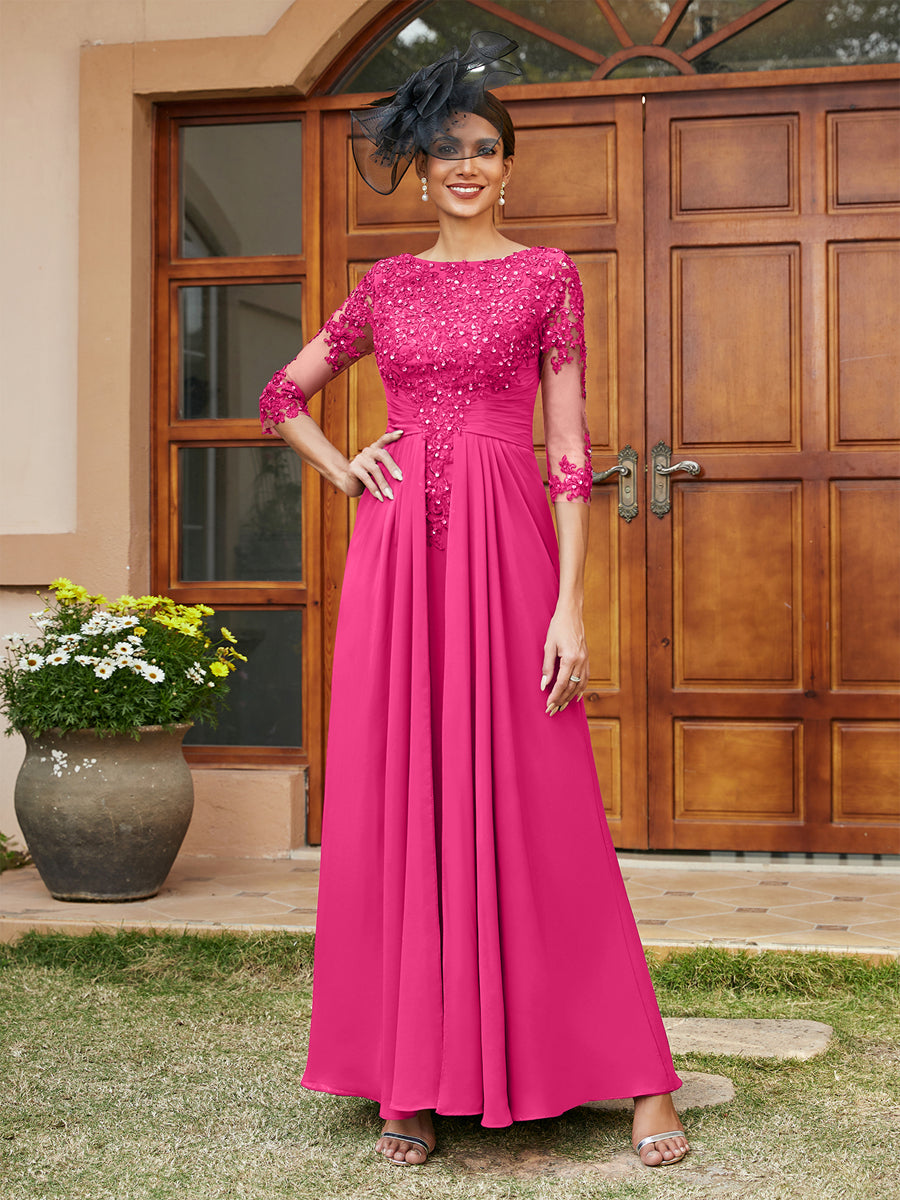 A-Line/Princess Long Evening Dresses with Lace Appliques &amp; Half Sleeves